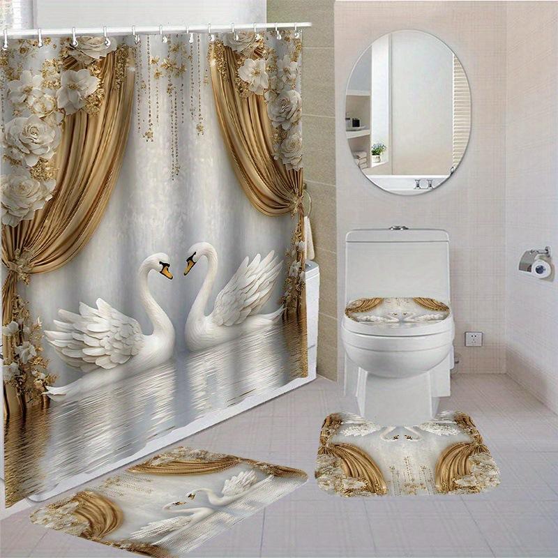 Tume Supply Bathroom Four-Piece Deluxe Gold Swan Curtain Pattern Shower Curtain Floor Mat Toilet Mat Set