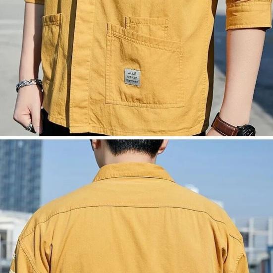 Лето-весна мужская рубашка однобортный свободный кардиган с карманами сплошной цвет мягкий дышащий отложной воротник рукава три четверти рубашка-карго пальто