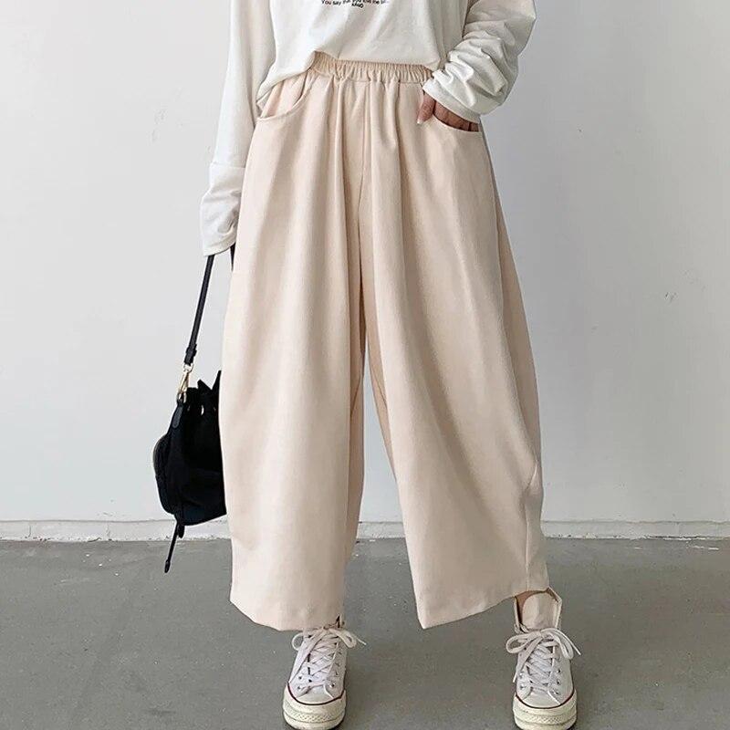 Vintage Loose Bloomers Womens Pants Spring Elegant Wide-legged Harem Pants With Pockets Autumn Office-lady Solid Trousers 30016