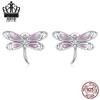 Avle S925 Sterling Silver Dragonfly Earrings with Pink Zircon and Exquisite Hollow Design, SCE1414