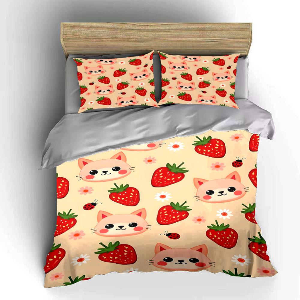"Whimsical berries and kittens." Bedding sets Duvet covers Pillowcases(1* Duvet Cover 2* Pillowcases without duvet insert)