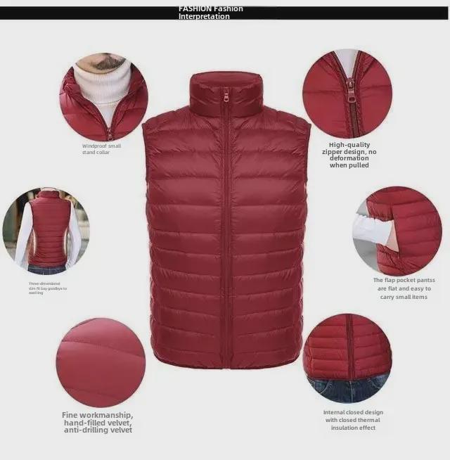 Men's Lightweight Down Cotton Vest Jacket - Large, Warm, Fashionable Stand-Up Collar