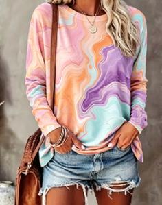 Women Long Sleeve T‑Shirt Green Gold Fluid Marble Swirl Print Crew Neck Loose Casual Daily Blouse Tops