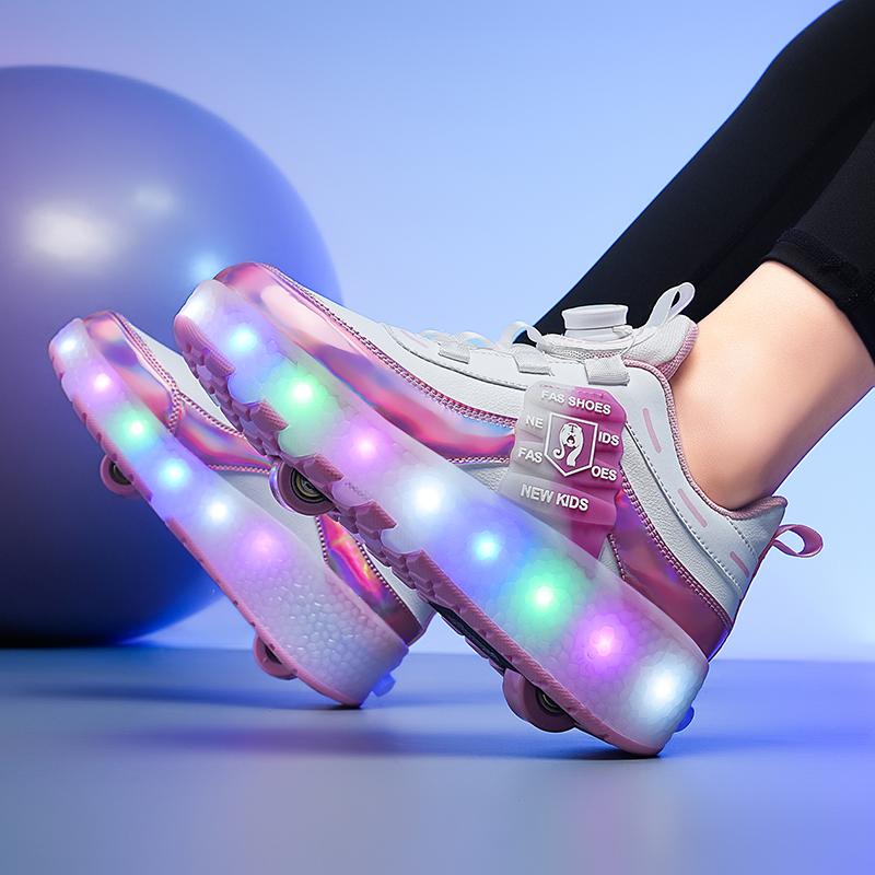 Children's Fashion Wear-resistant Rechargeable Double Row Two Wheel Pulleys Violent Walking Shoes Lighting Lights Sports Shoes Board Shoes