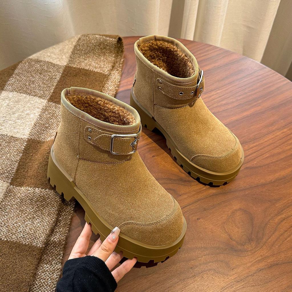 Модные зимние ботинки с пряжкой на ремне, женские, 2024, новые, ретро, теплые, бархатные, короткие, удобные, повседневные ботинки на платформе, прилив