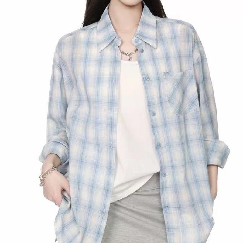 Blue Plaid Sunscreen Shirt Lazy Casual Loose Long-sleeved Shirt Korean Jacket Top Oversized Blouse Versatile Match Camisole
