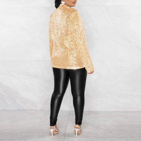 Женский пиджак с лацканами, длинный рукав, однобортный пиджак с карманами-клапанами, блестящие пайетки, свободная верхняя одежда