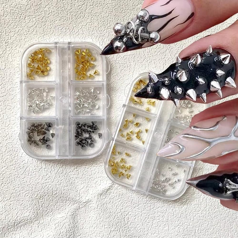 3D Metallic Finish Nail Art Studs 6 Grids Multi-Size Cone Spike Nail Jewels Home Nail Decoration