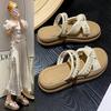 Cross cool slippers one word fashion fairy wind pearl with skirt girl 2025 summer thick bottom new slippers