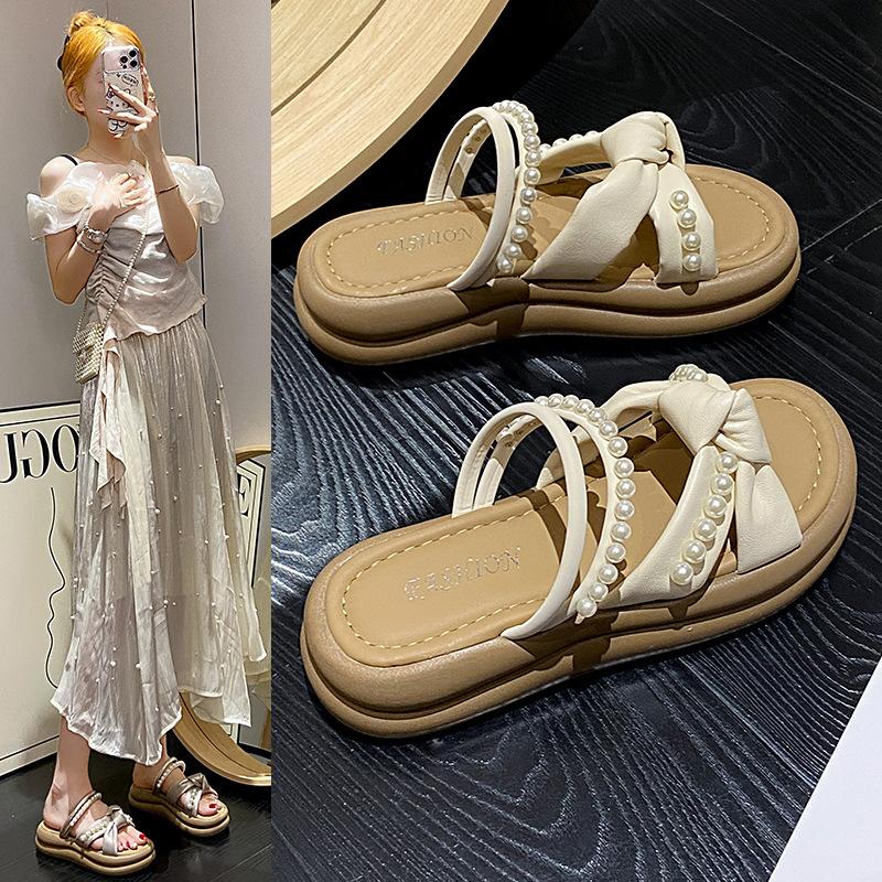 Cross cool slippers one word fashion fairy wind pearl with skirt girl 2025 summer thick bottom new slippers