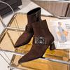 Короткие сапоги с острым носком на высоком каблуке 2024 года, осень-зима, новые сапоги с боковой молнией, толстый каблук, тонкие сапоги, французская пряжка со стразами, женские сапоги среднего размера