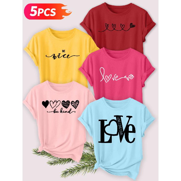 Five-piece set Elegant short-sleeved shirt for women Love love Printed round-neck women's short-sleeve shirt suitable for spring and summer