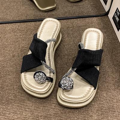 Модные женские шлепанцы на толстой подошве с перемычкой для пальца, на танкетке, со стразами, шлепанцы для повседневной носки, красивые, с фееричным настроением, для通勤, Zapatillas De Mujer