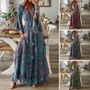 Women Maxi Dress V-neck Colorful Print Horn Sleeve High Waist Loose Hem Dress-up Patchwork Plus Size Bohemian Lady Beach Dress Female Clothes
