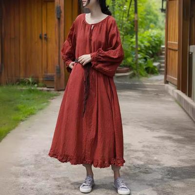 Женское винтажное красное платье с круглым вырезом и семью рукавами, весенние свободные женские хлопковые платья трапециевидной формы в китайском стиле