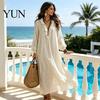 Lightweight Polyester Dresses Women Ruffle V Neck Long Dress, Loose Fit Casual Midi Spring Solid Color Sleeves Dress for Autumn Soft Fabric