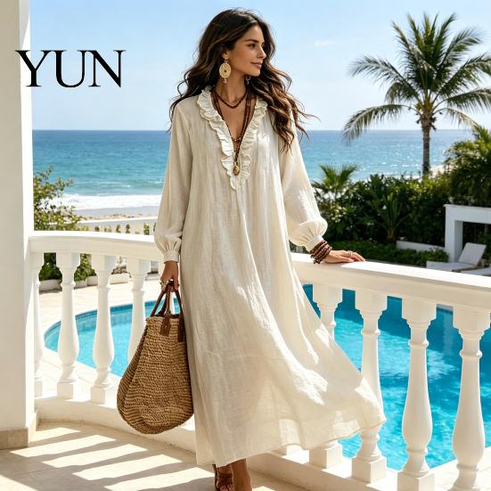 Lightweight Polyester Dresses Women Ruffle V Neck Long Dress, Loose Fit Casual Midi Spring Solid Color Sleeves Dress for Autumn Soft Fabric