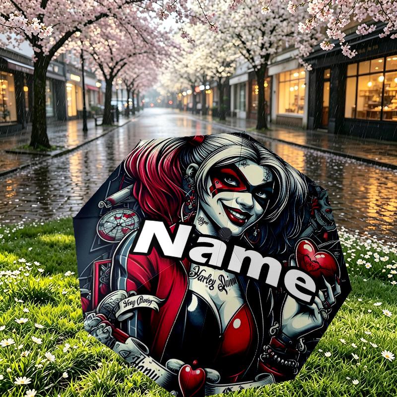 Custom Name Personalized Harley Quinn Joker Print Umbrella, Auto Open Close, 8‑Rib Sturdy Frame, Commute Camping Hiking Use, Birthday Gift