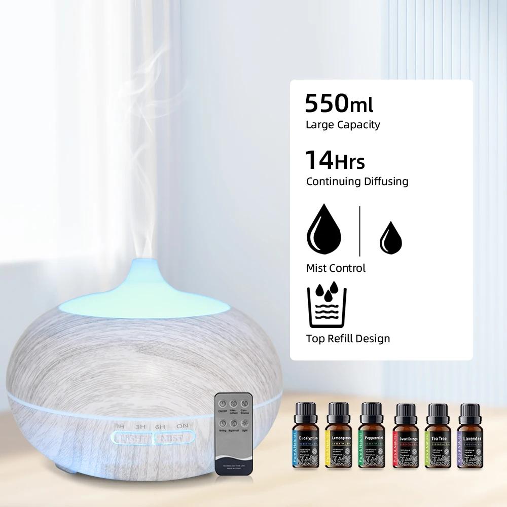 550ml Wood Grain Essential Oil Diffuser Comes with Remote, 6 Oils & 7 Color LED Mood Light