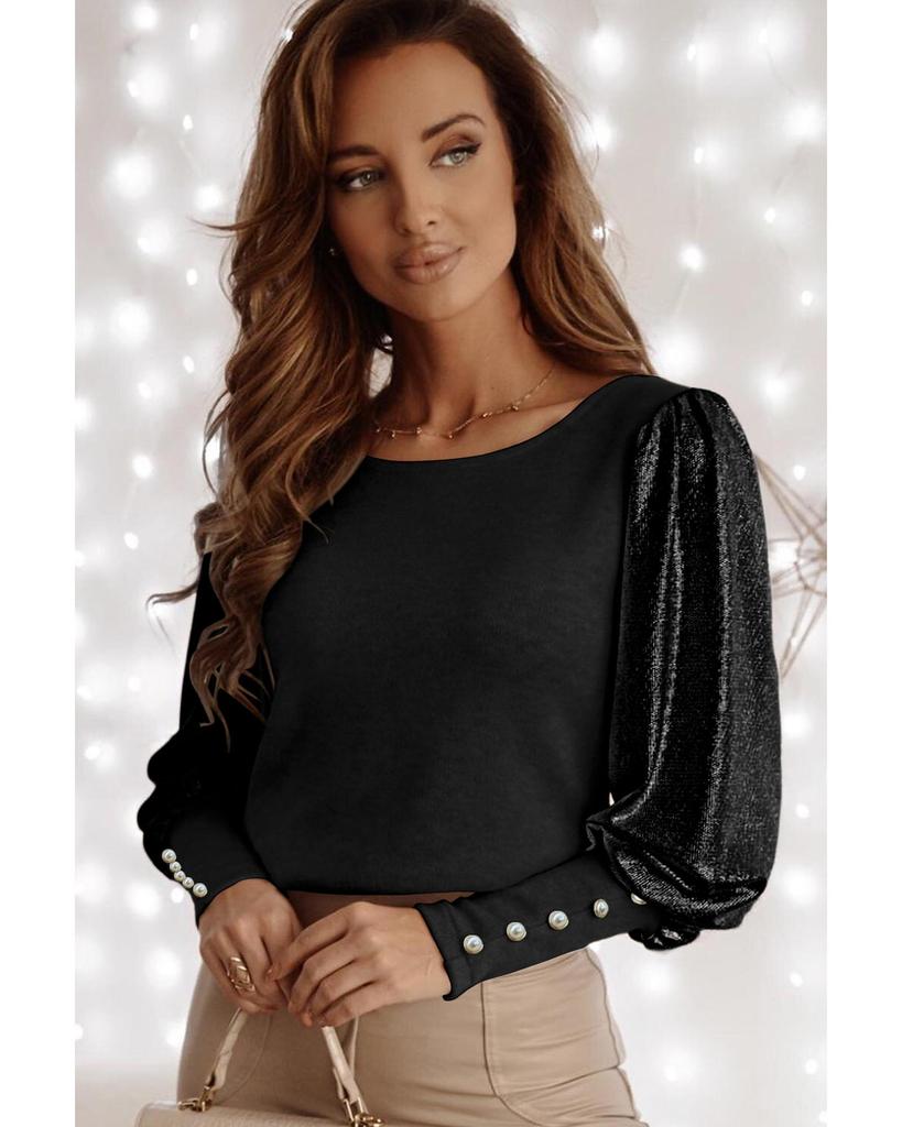 Azura Exchange Black Buttoned Cuffs Shiny Puff Sleeves Top