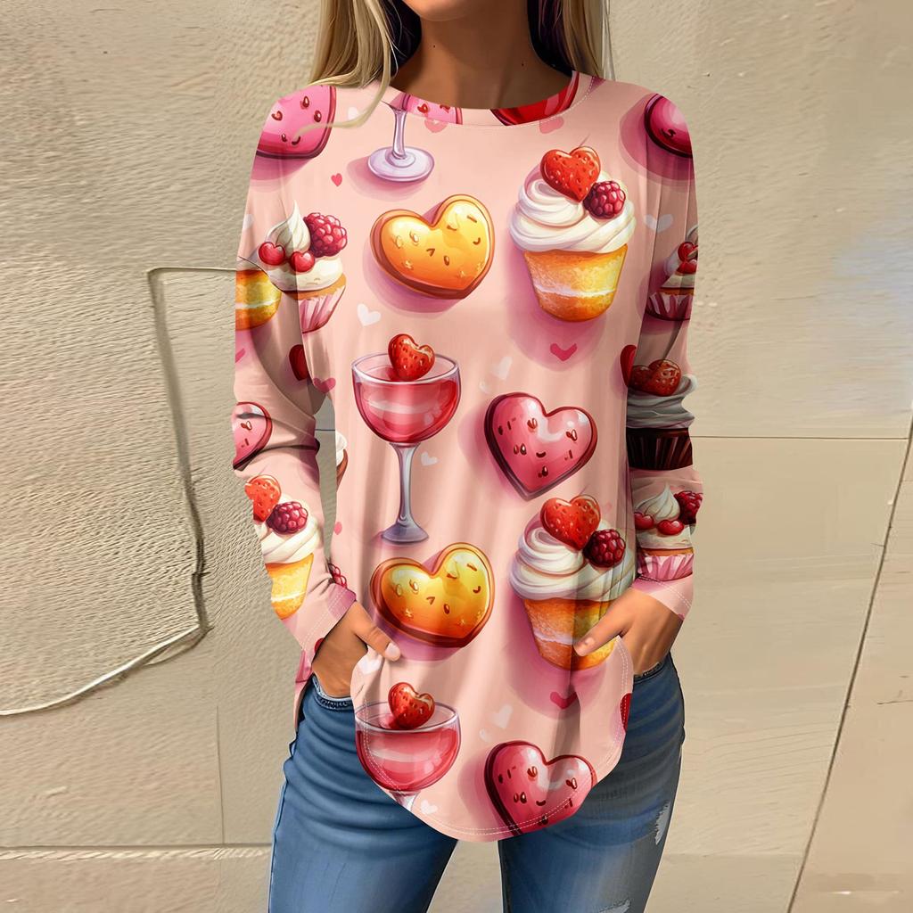 Tee Shirts For Women Casual Round Neck Long Sleeve Shirts Valentine's Day Printing Top Pullover