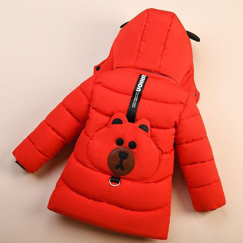Модная детская куртка для мальчиков Осень Зима Медведь Сохраняет тепло С капюшоном Пуховик Детская верхняя одежда