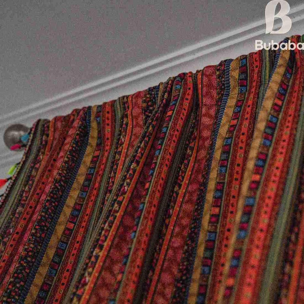 Красные богемные полосатые хлопково-льняные шторы для гостиной - Ретро стиль