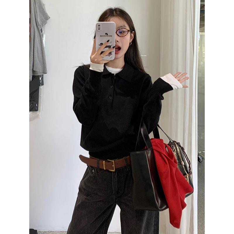 College Style Gray Polo Neck Sweater Women's Spring and Autumn New Loose and Thin Versatile Long-sleeved Knitted Sweater Top