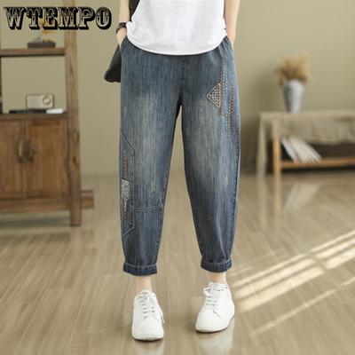 Весна и лето женские повседневные шаровары вышитые женские укороченные брюки свободные джинсы больших размеров женские