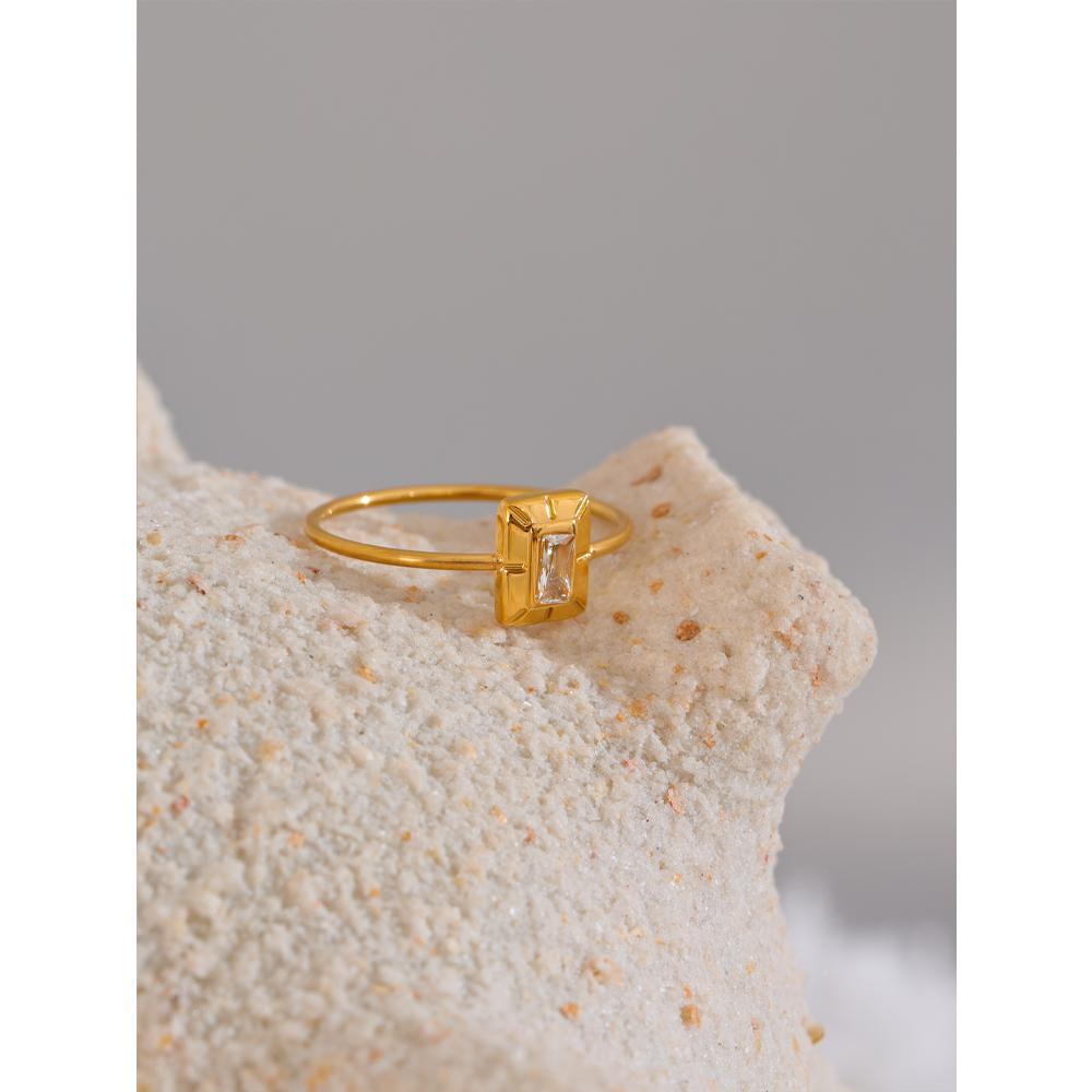 Yhpup Thin Stainless Steel Square Cubic Zirconia Gold Color Ring Chic Metal 18K PVD Plated Jewelry New