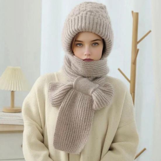 Winter Knit Hat with Integrated Scarf Solid Color Thickened Velvet Women Hat Long Scarf Set Cold Weather Headwear