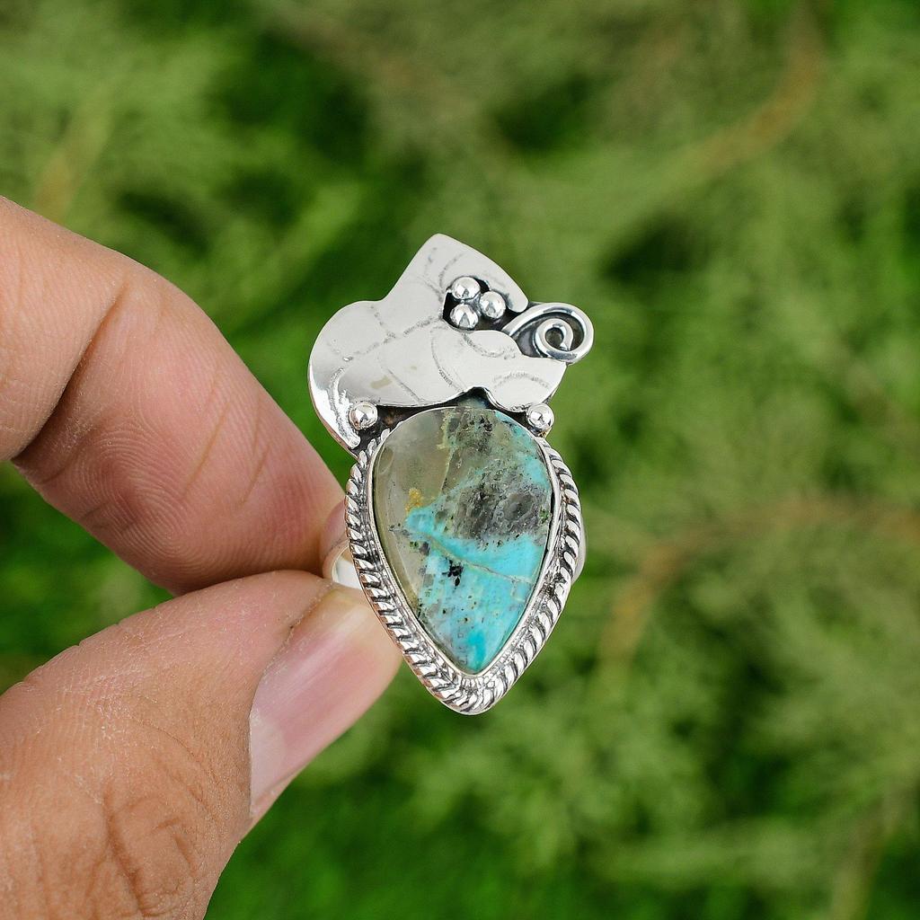 Shattuckite Gemstone Handmade Bezel Promise Wedding Ring Sterling Silver US 7.25