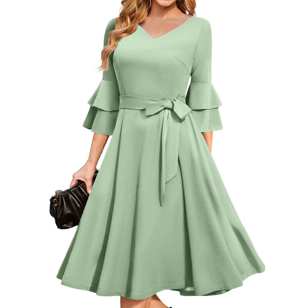 Women's Elegant Bell Sleeve Cocktail Party Dresses For Wedding Guest Fit And Flare Church Midi Evening Dress