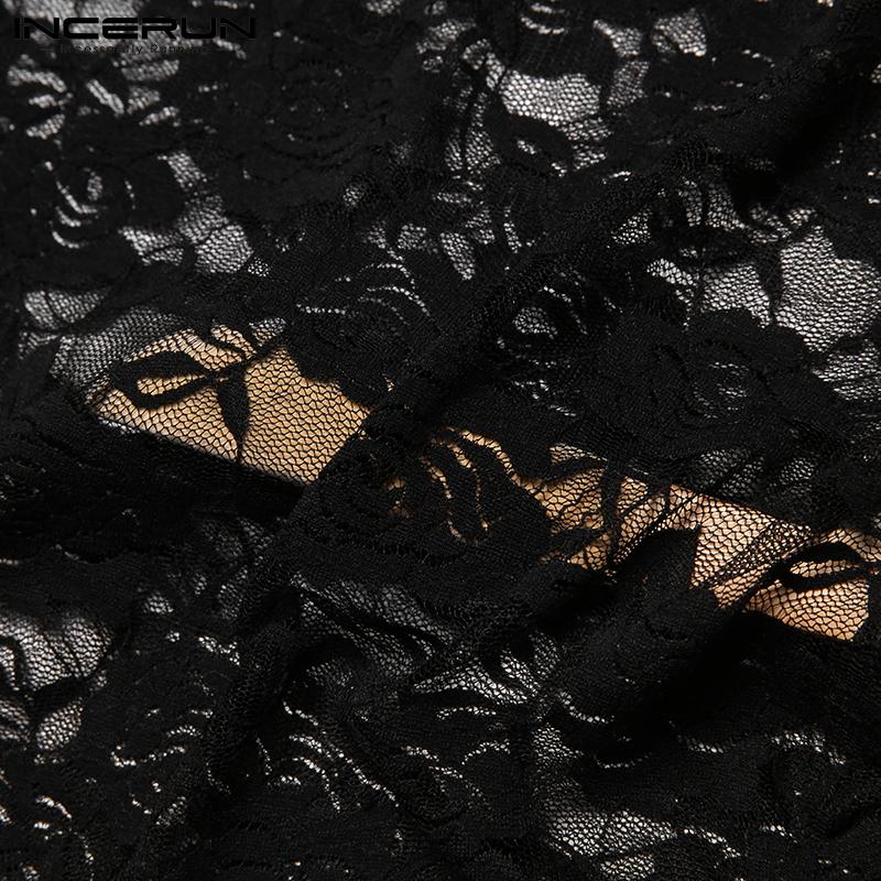 INCERUN Летние мужские сексуальные сетчатые кружевные рубашки с коротким рукавом для вечеринок и клубов, пляжные облегающие футболки