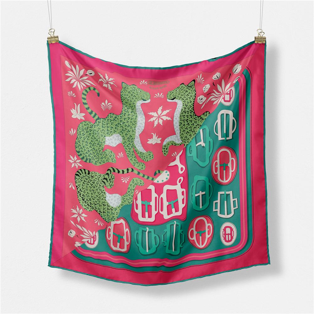 Twill Silk Scarf Woman Leopard Belt Print Square Scarves Wraps Bandana Small Hijab Foulards Lady Tie Headband Neckerchief 53CM