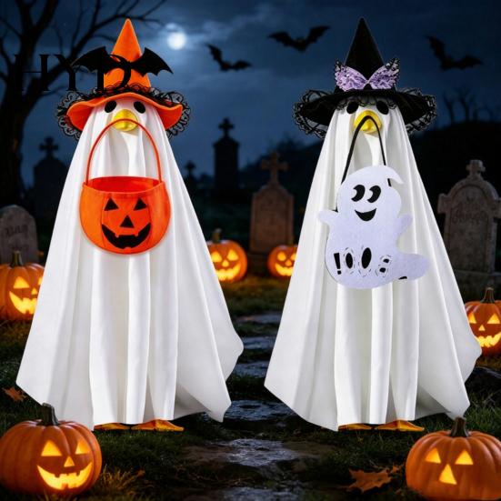 Ghost Pattern Halloween Decor Goose Costume, Wizard Hat, Cape, Pumpkin Candy Reusable Decoration Bag, Outdoor Yard for Statue or Garden Display