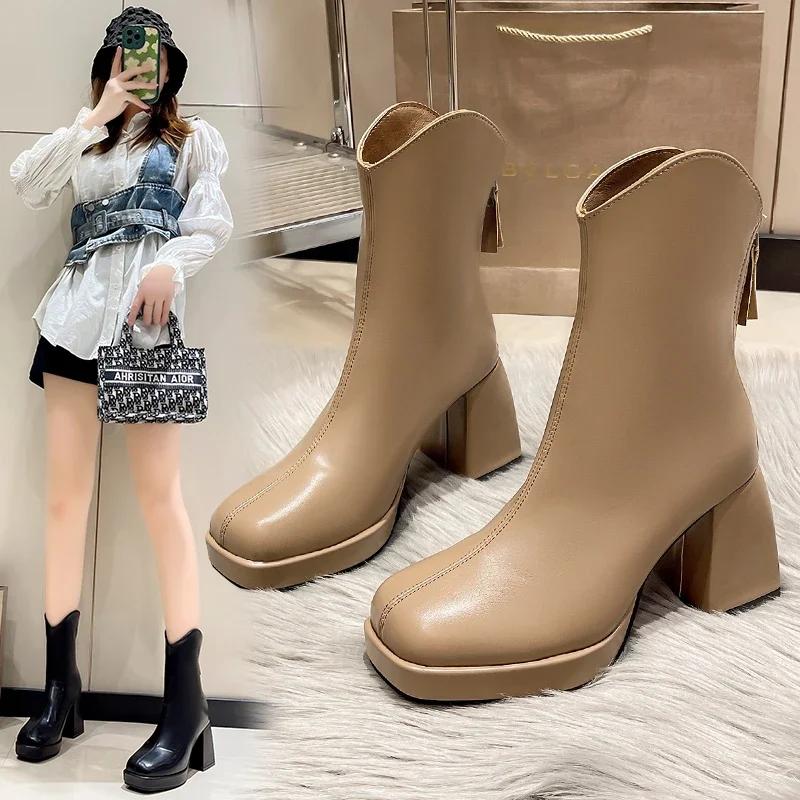 British Style Square Toe Ankle Boots for Women Autumn/Winter Back Zipper Thick High Heel Chelsea Boot Office Shoes Botas Mujer