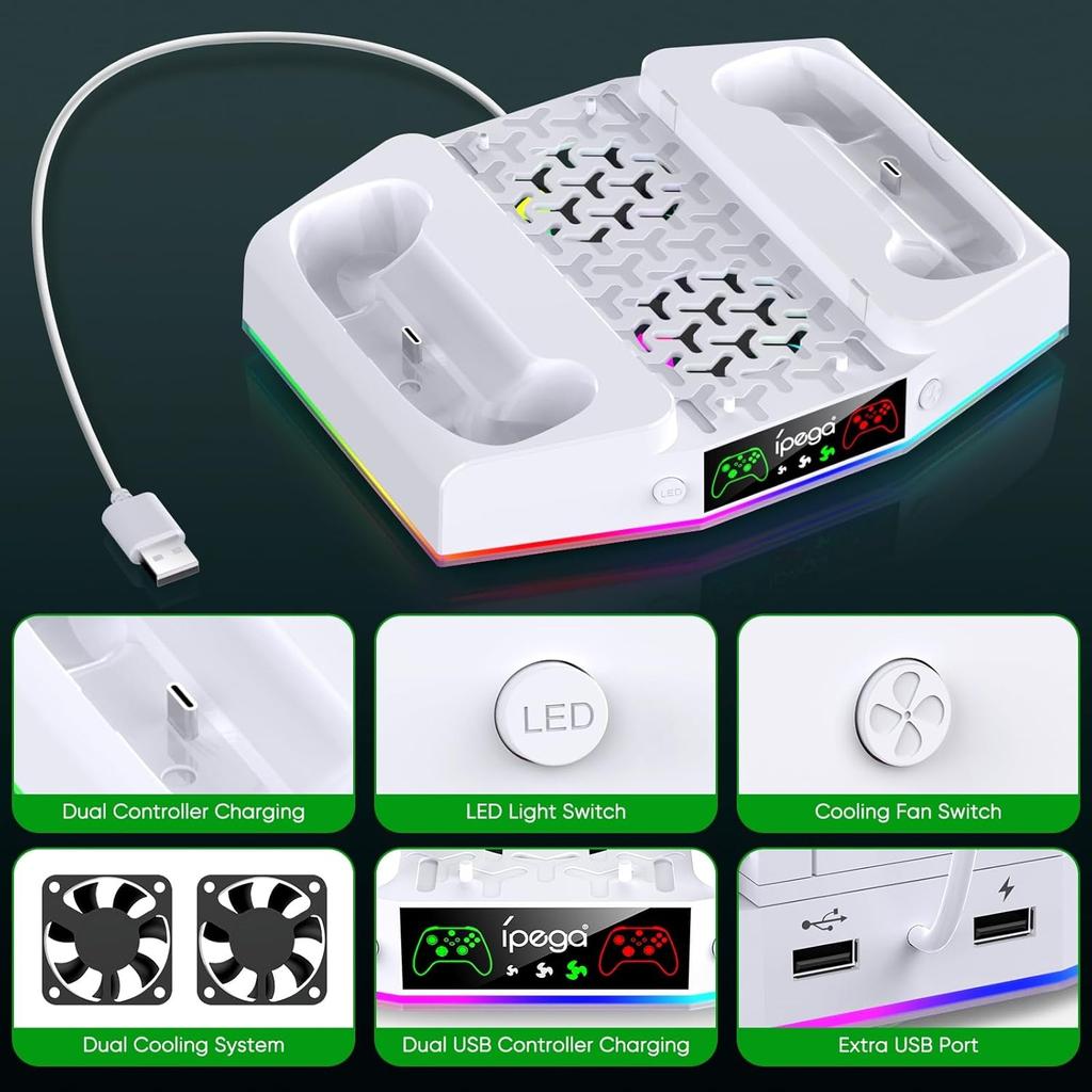 Охлаждающая подставка и зарядная станция для Xbox Series S с RGB-подсветкой, быстрой зарядкой с 2 аккумуляторами емкостью 1400 мАч, креплением для наушников