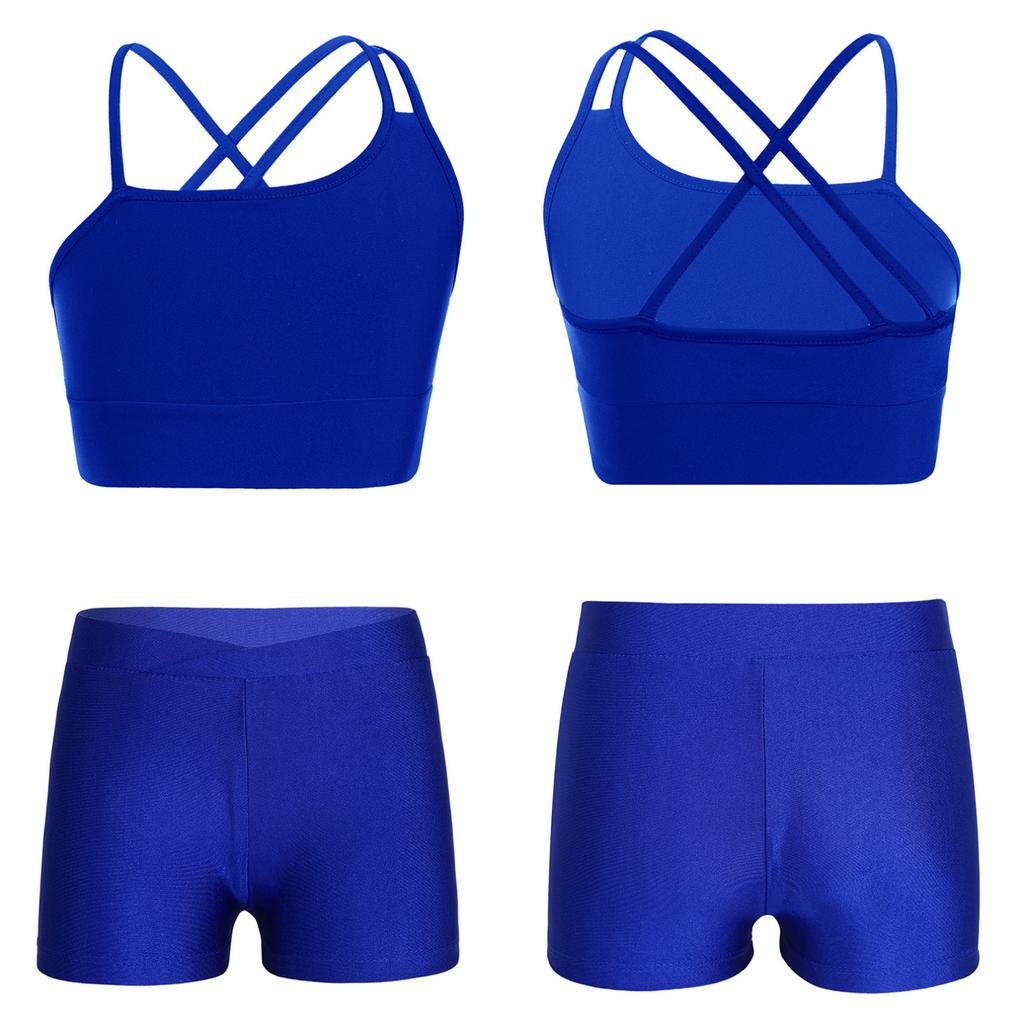 Kids Girls Asymmetrical Strappy Crop Top with Shorts for Sports Gymnastic Workout