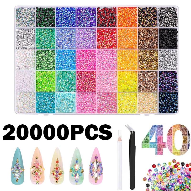 20000PCS/1BOX Round Resin Flat Bottom Color Glitter Rhinestones Kit DIY 3D Nail Art Decoration Gems Accessories for Nails