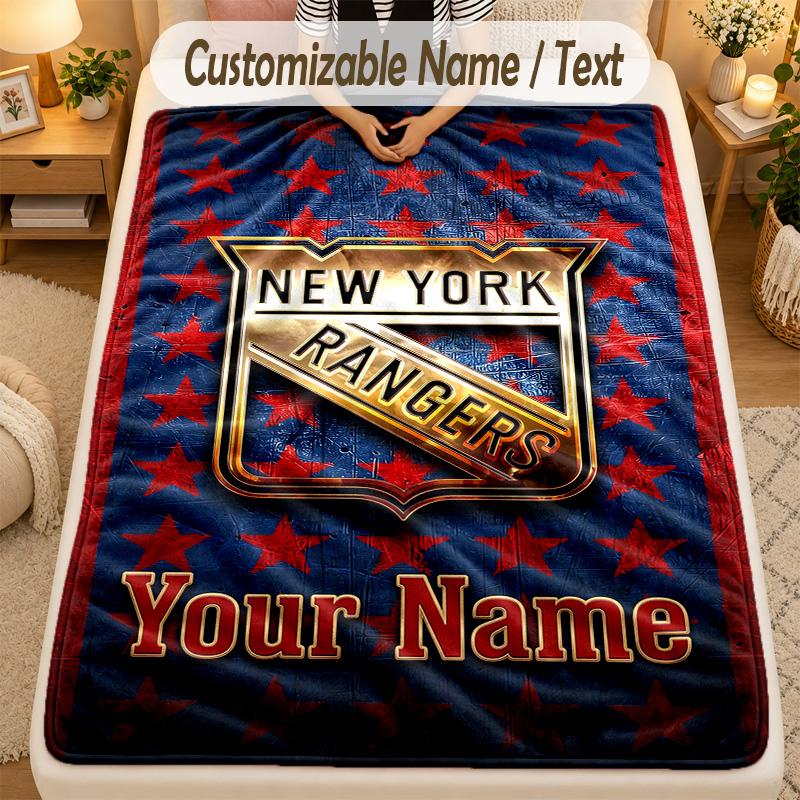 Flannel BlanketNew York Rangers Custom Name Text Personalized Soft Warm Throw Blanket Home Decor Gift