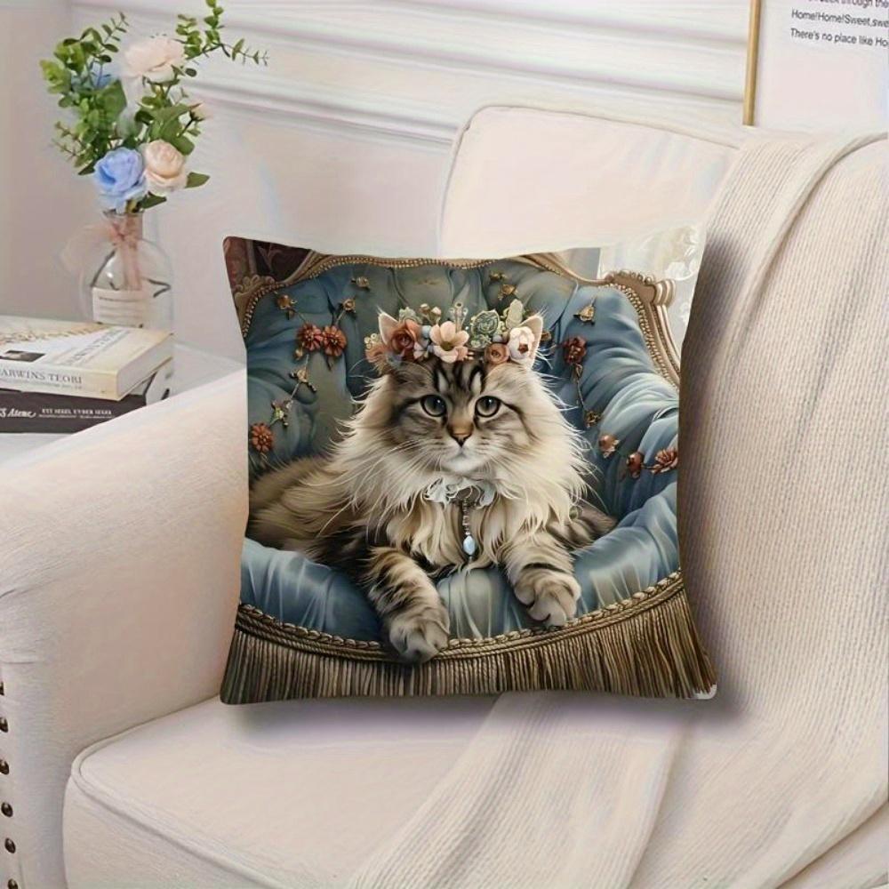 Королевская Кошка Подушка-Плед, Викторианский Длинношерстный Кот С Цветочным Венком На Изящном Стуле Декоративная Наволочка
