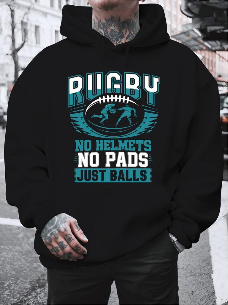 Rugby Graphic Hoodie _No Helmets No Pads Just Balls_ Print _ Vibrant Yellow Plush Sweatshirt Winter Warmth Casual Pullover A