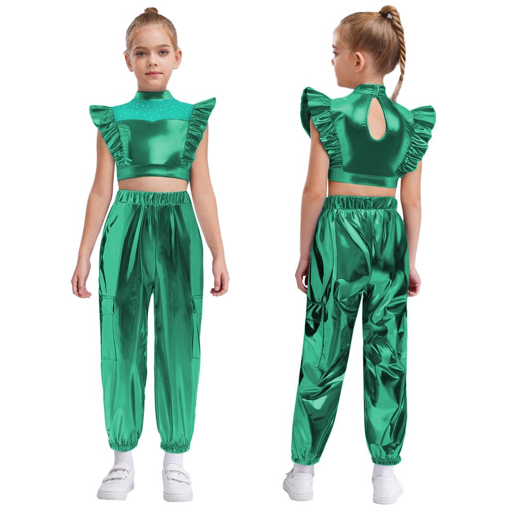 Girls Hip-Hop Dance Costume Mock Neck Rhinestone Mesh Patchwork Sleeveless Metallic Ruffle Top Paired with Shiny Cargo Pants for Competition