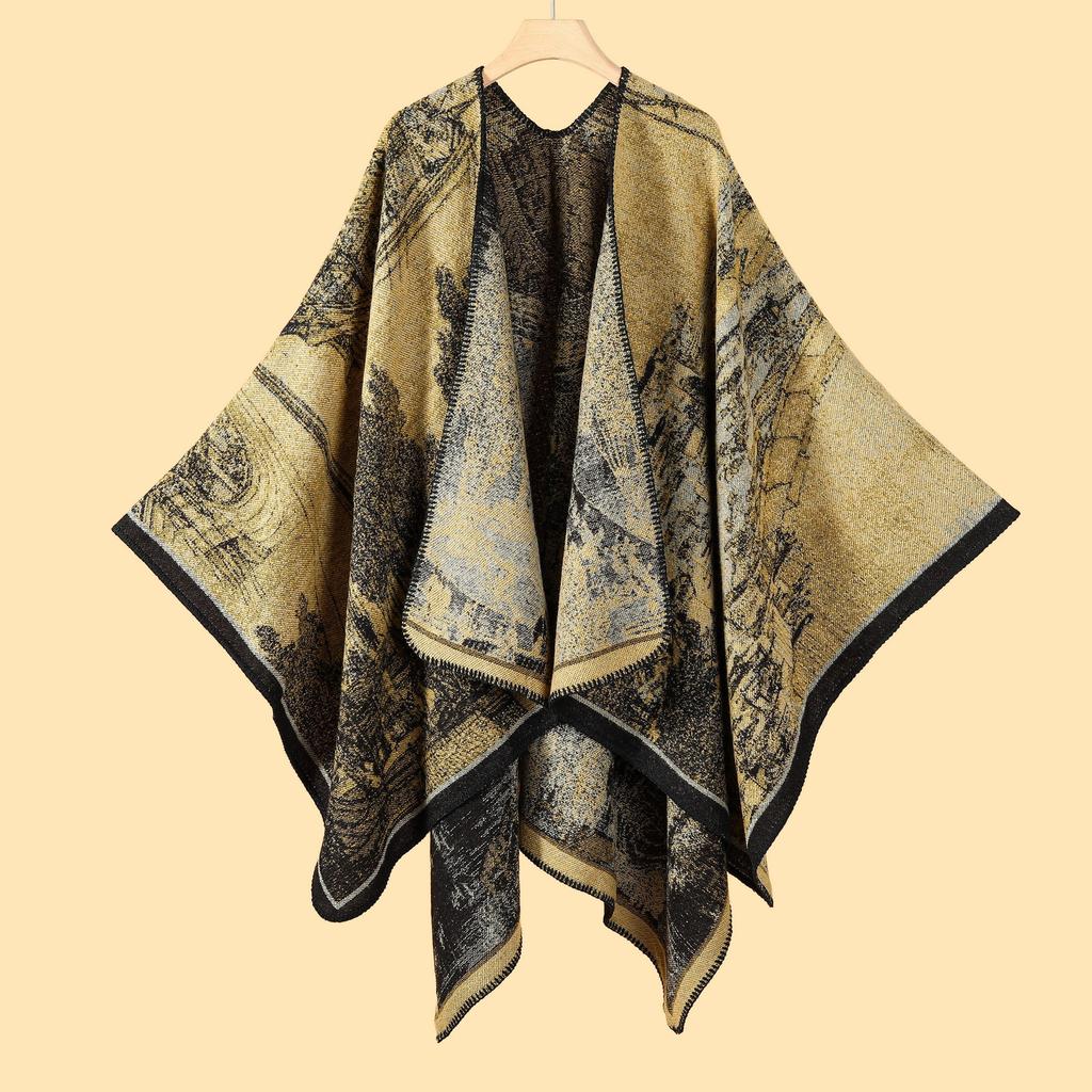 Shawl Imitation Cashmere Knitted Scarf Split Fork Oil Painting Cape Cloak Outside