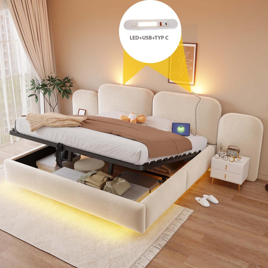 Upholstered Bed 180*200cm, With Hydraulic Storage, LED Light Strip, with Charging Port, Comfortable Headboard, Slatted Frame, Velvet Fabric Beige