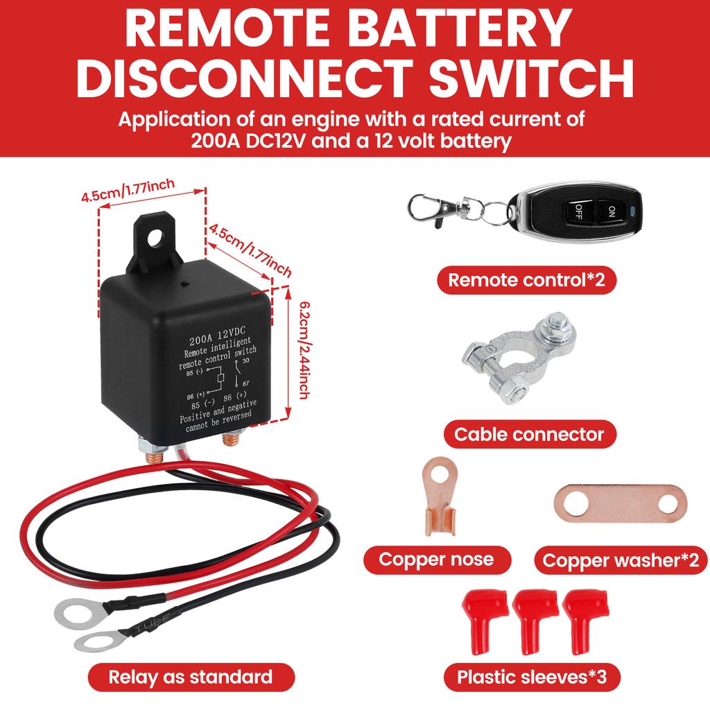 Remote Battery Disconnect Switch 12V 200A Car Kill Switch Anti-Theft Remote Control Switch Relay Fobs 2 Key for Auto Truck Boat