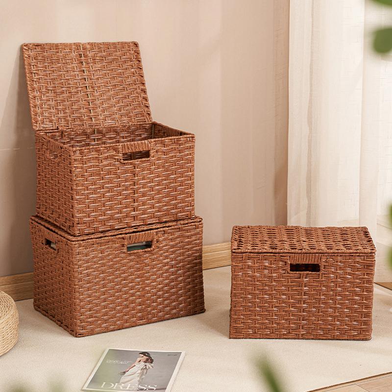 Household Storage Basket Imitation Rattan Woven Storage Box with Lid Clothes Sundries Rattan Basket Home Desktop Organizer Box
