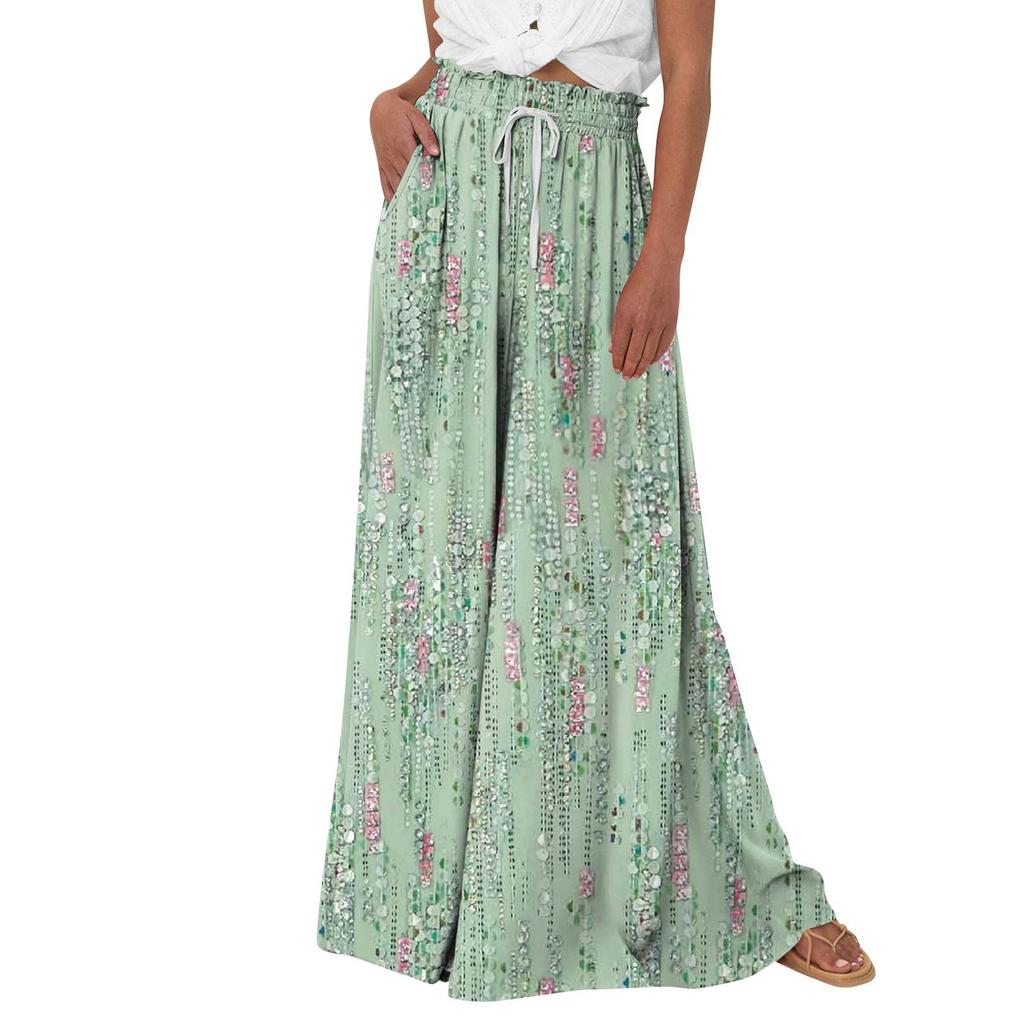 Women's Palazzo Pants Boho Floral Wide Leg Trousers Summer Beach High Waisted Flowy Pants With Pockets