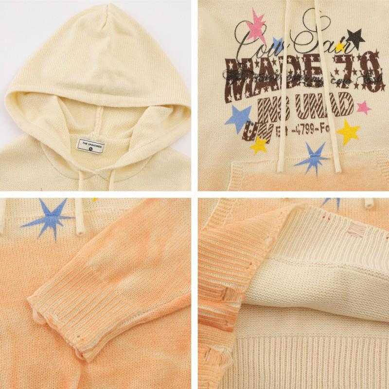 American Vintage Gradient Hooded Sweater Star Letter Print Loose Casual Top Men Women